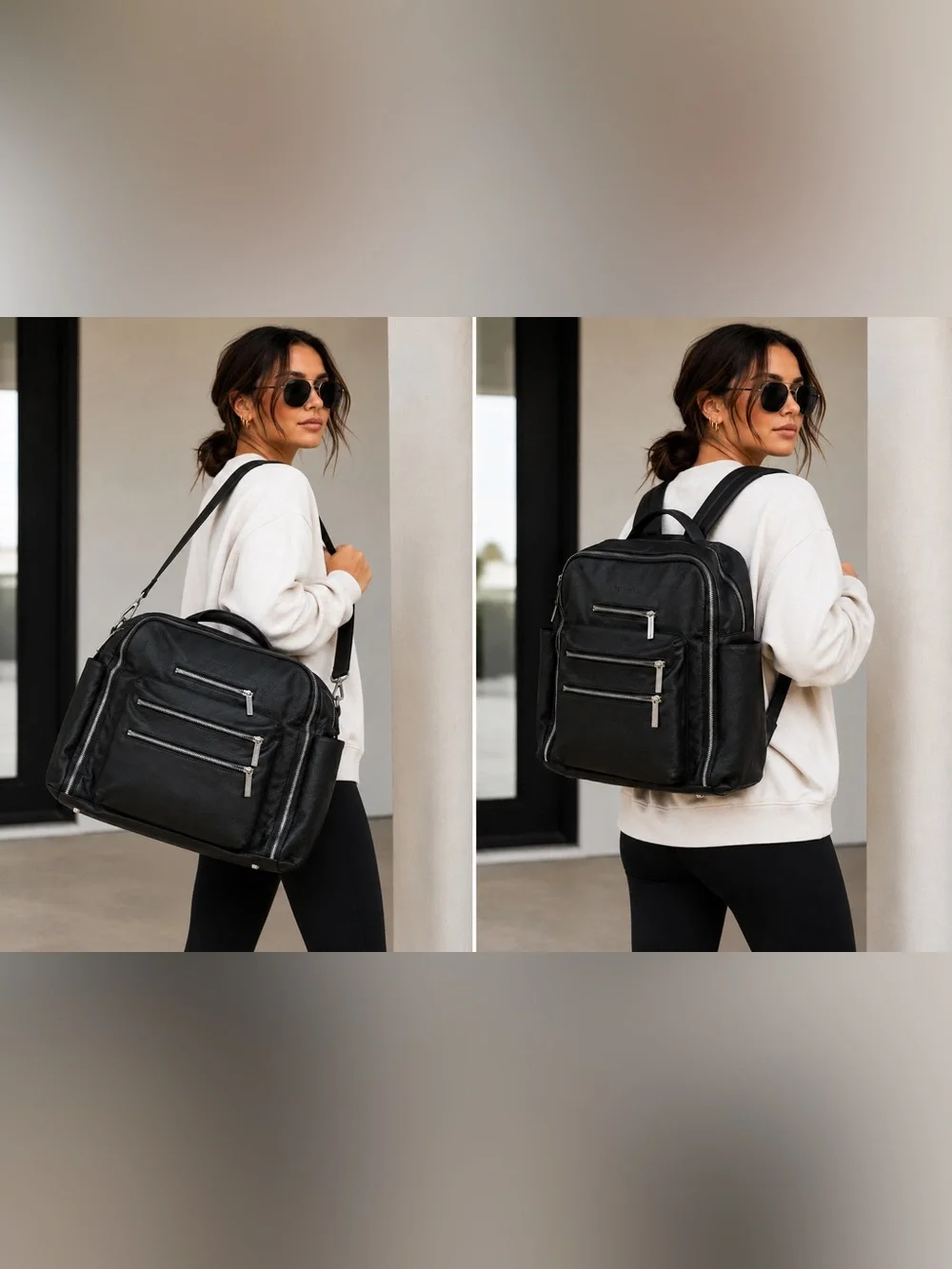 The Honest Company Black Vegan Leather Diaper Bag backpack model cross country